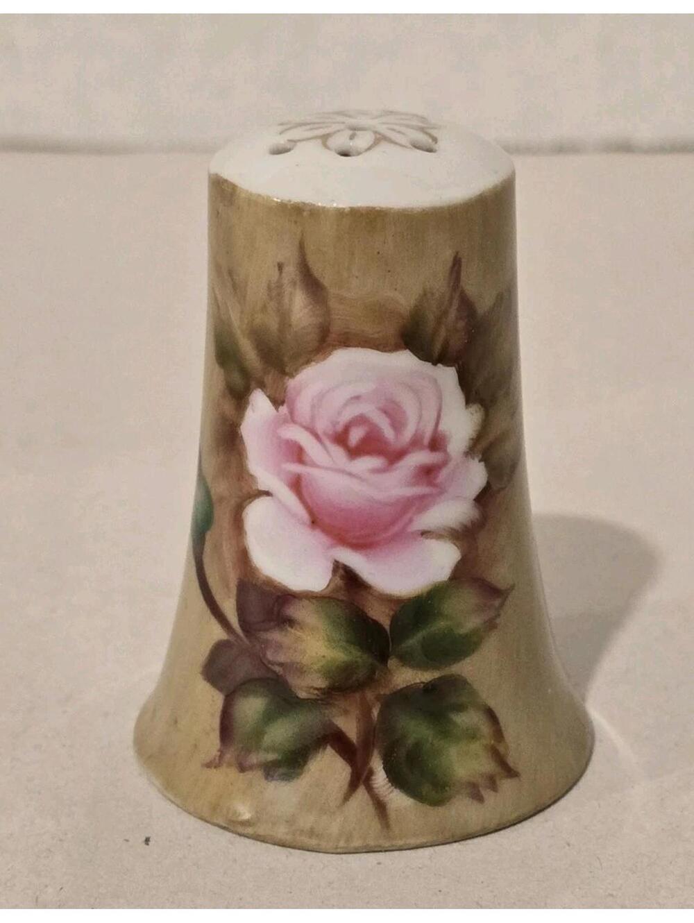Vtg One Lefton Handpainted Roses Salt/Pepper Shaker Green with Pink Rose and Bud